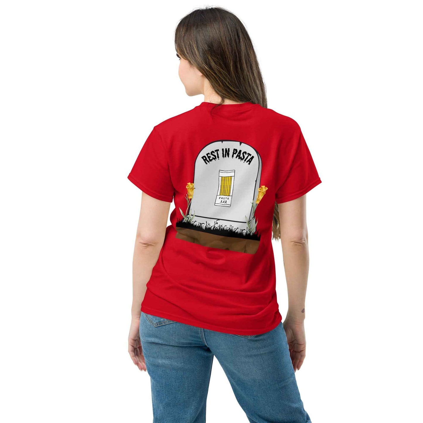 Red Creepypasta Scary Pasta T-Shirt by Appetite Apparel, featuring spooky pasta design on a casual cotton shirt.