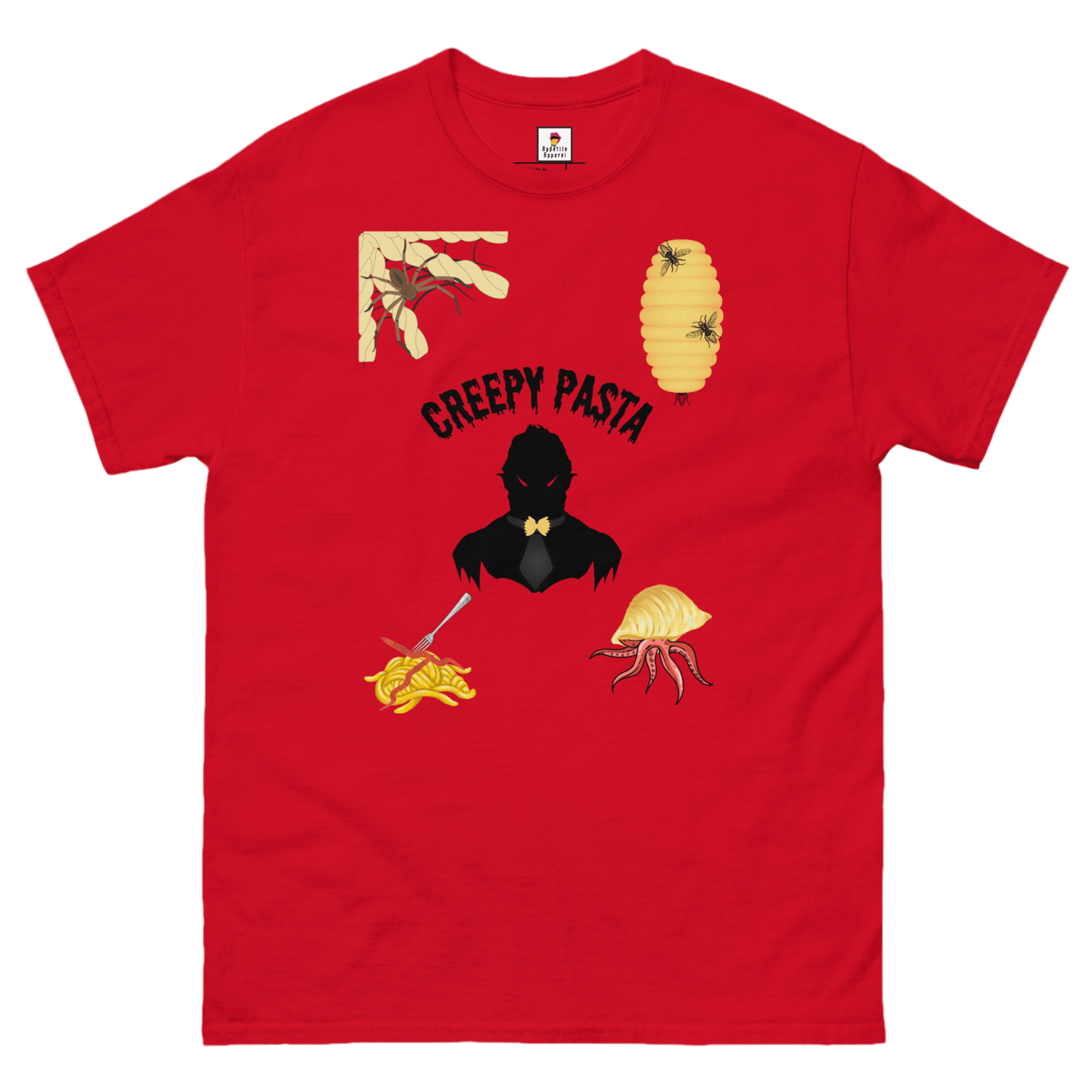 Red Creepypasta Scary Pasta T-Shirt by Appetite Apparel featuring spooky pasta character on front.