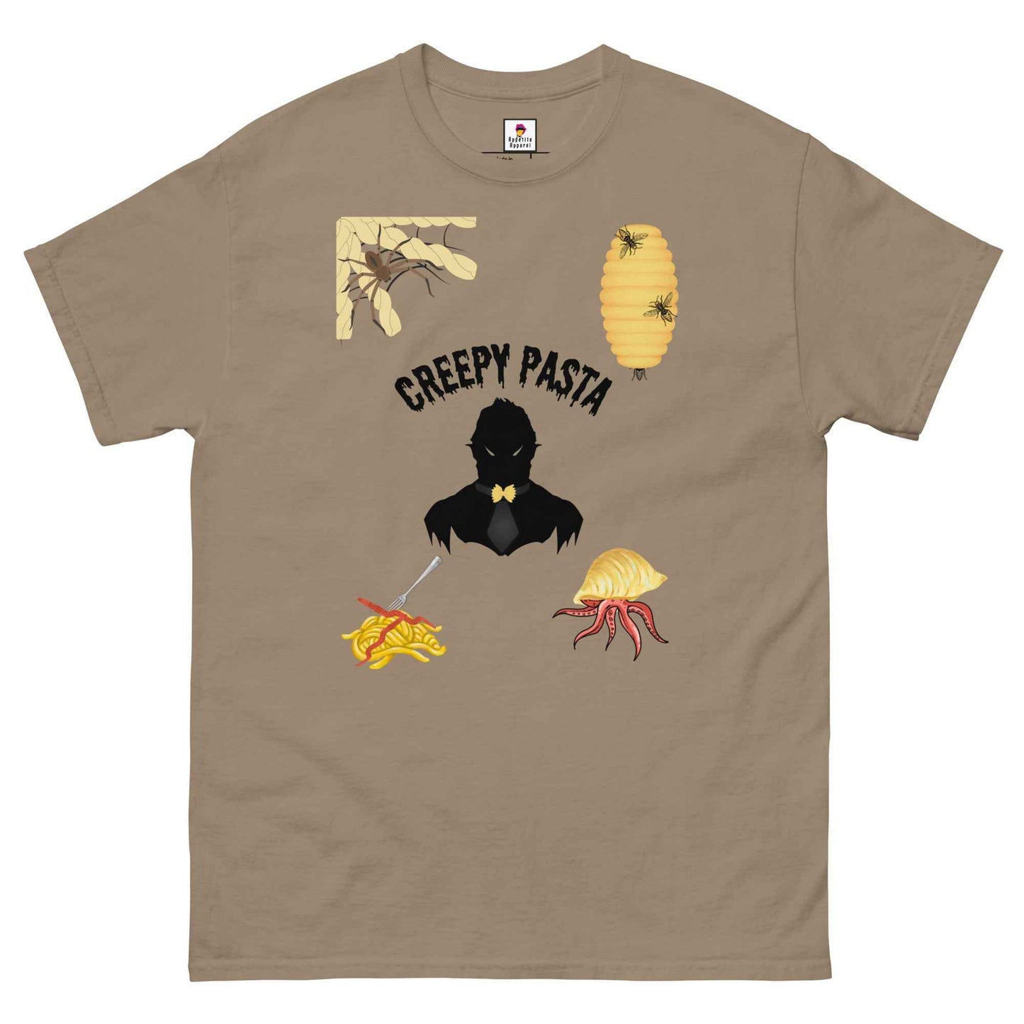 Red Creepypasta Scary Pasta T-Shirt by Appetite Apparel, featuring spooky pasta design on a casual tee.