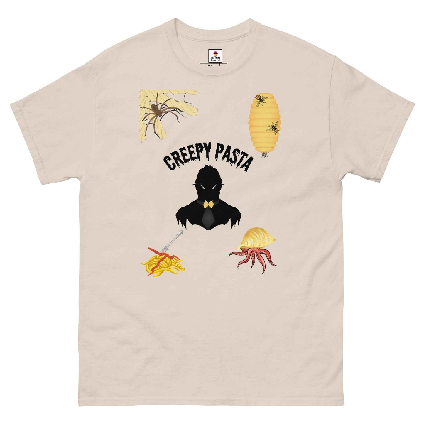 Red Creepypasta Scary Pasta T-Shirt by Appetite Apparel, featuring a spooky pasta design on a casual cotton tee.