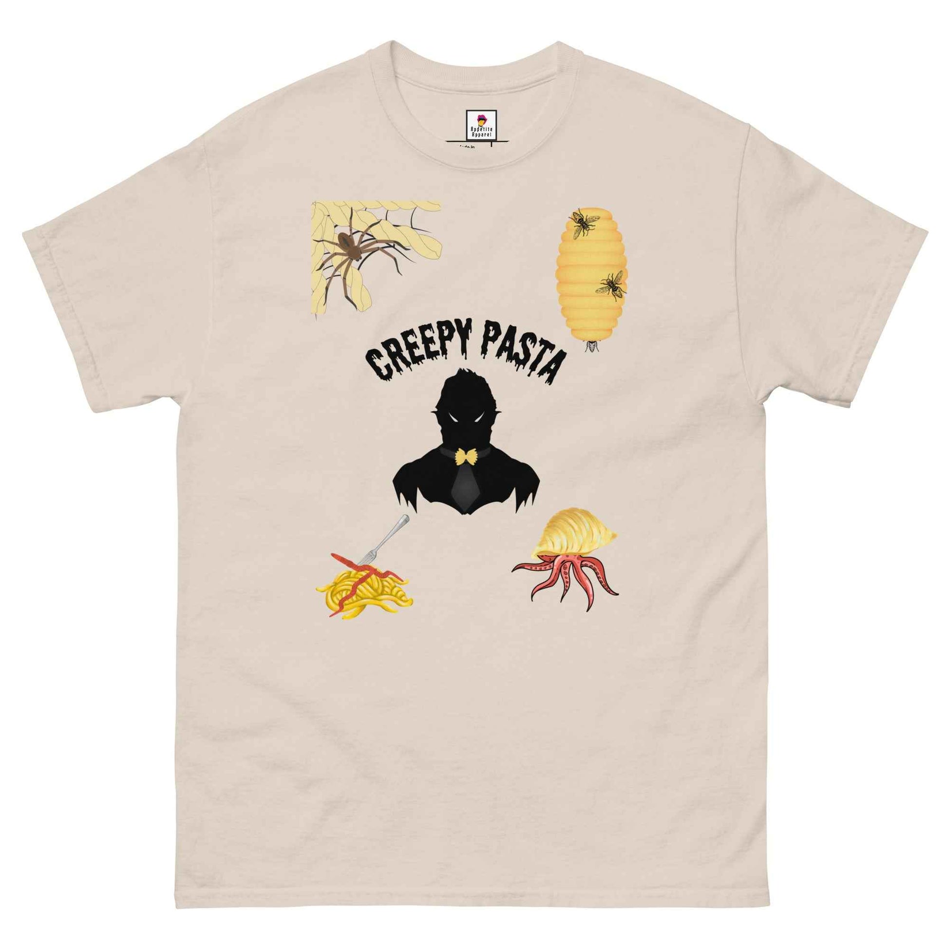 Red Creepypasta Scary Pasta T-Shirt by Appetite Apparel, featuring a spooky pasta design on a casual cotton tee.