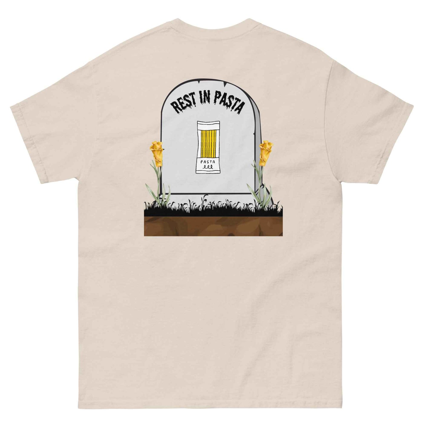 Red Creepypasta Scary Pasta T-Shirt by Appetite Apparel featuring a spooky pasta graphic on a casual T-shirt.