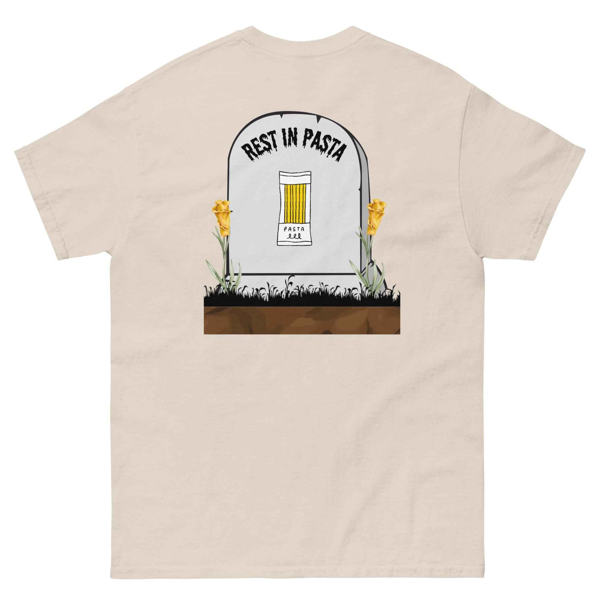 Red Creepypasta Scary Pasta T-Shirt by Appetite Apparel featuring a spooky pasta graphic on a casual T-shirt.