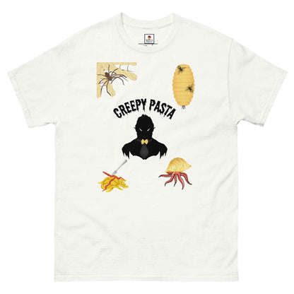 Red Creepypasta Scary Pasta T-Shirt by Appetite Apparel, featuring spooky pasta graphic on front, casual fit for fans of horror-themed shirts.