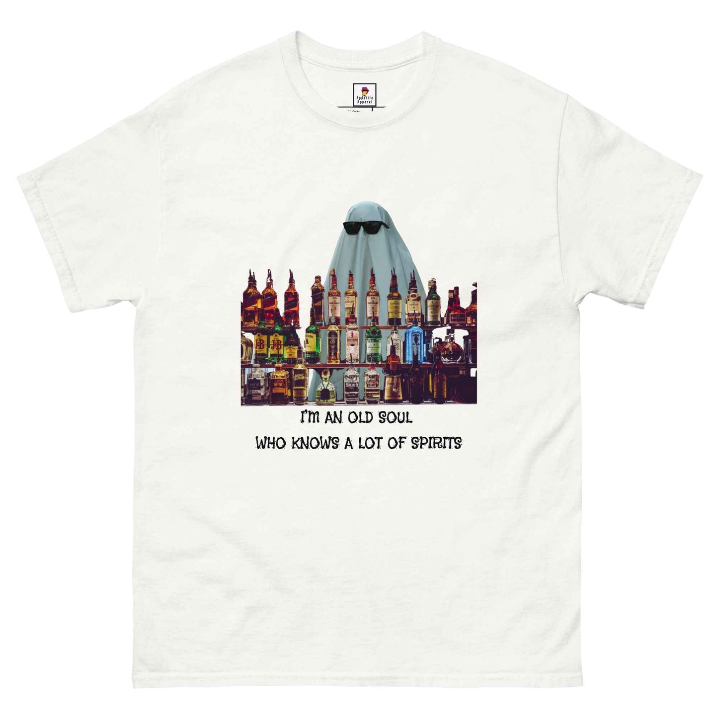 Red Appetite Apparel Old Soul and Spirits T-Shirt featuring vintage-inspired design and bold lettering.