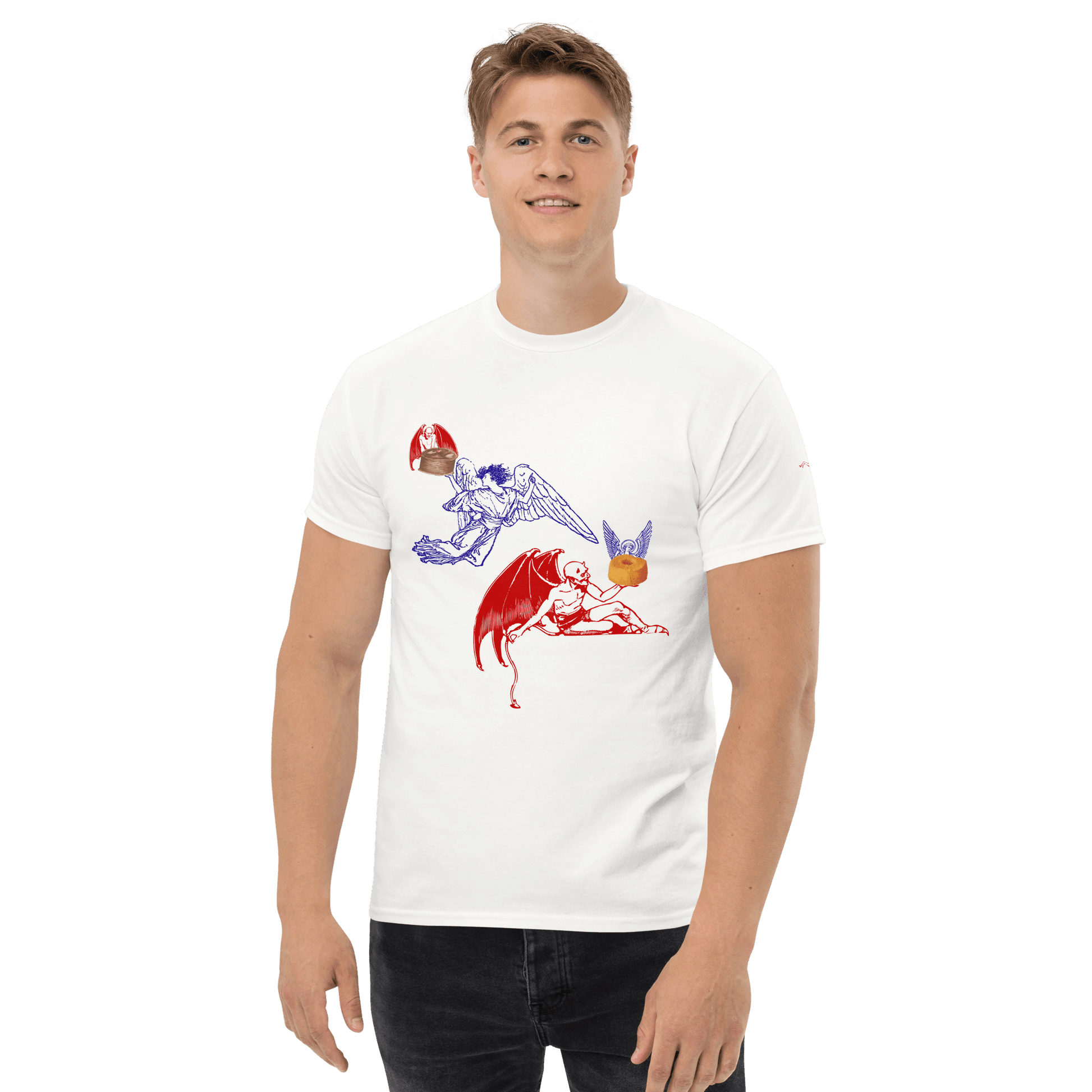 Appetite Apparel Heaven and Devil Food Cake T-Shirt featuring a colorful graphic of a cake with contrasting devil and angel themes.