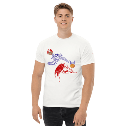Appetite Apparel Heaven and Devil Food Cake T-Shirt featuring a colorful graphic of a cake with contrasting devil and angel themes.