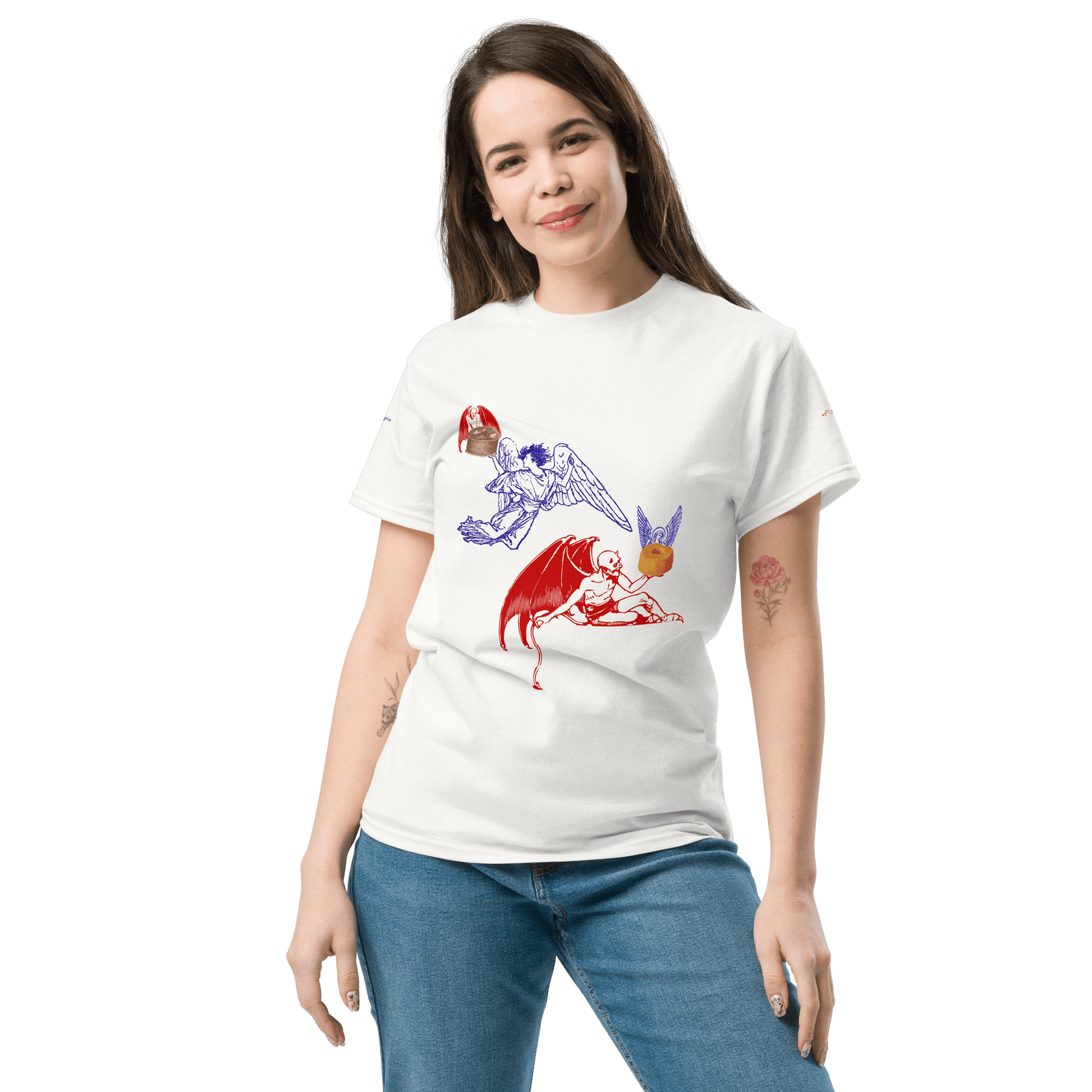 Heaven and Devil Food Cake T-Shirt by Appetite Apparel, featuring a colorful graphic of cake with contrasting celestial and devil themes.