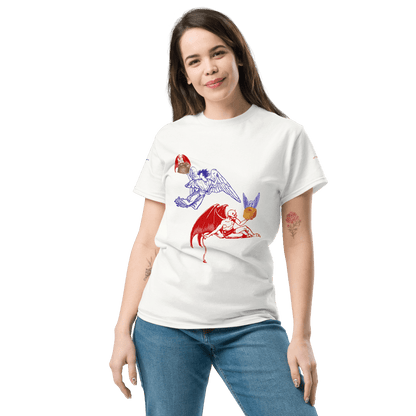 Heaven and Devil Food Cake T-Shirt by Appetite Apparel, featuring a colorful graphic of cake with contrasting celestial and devil themes.