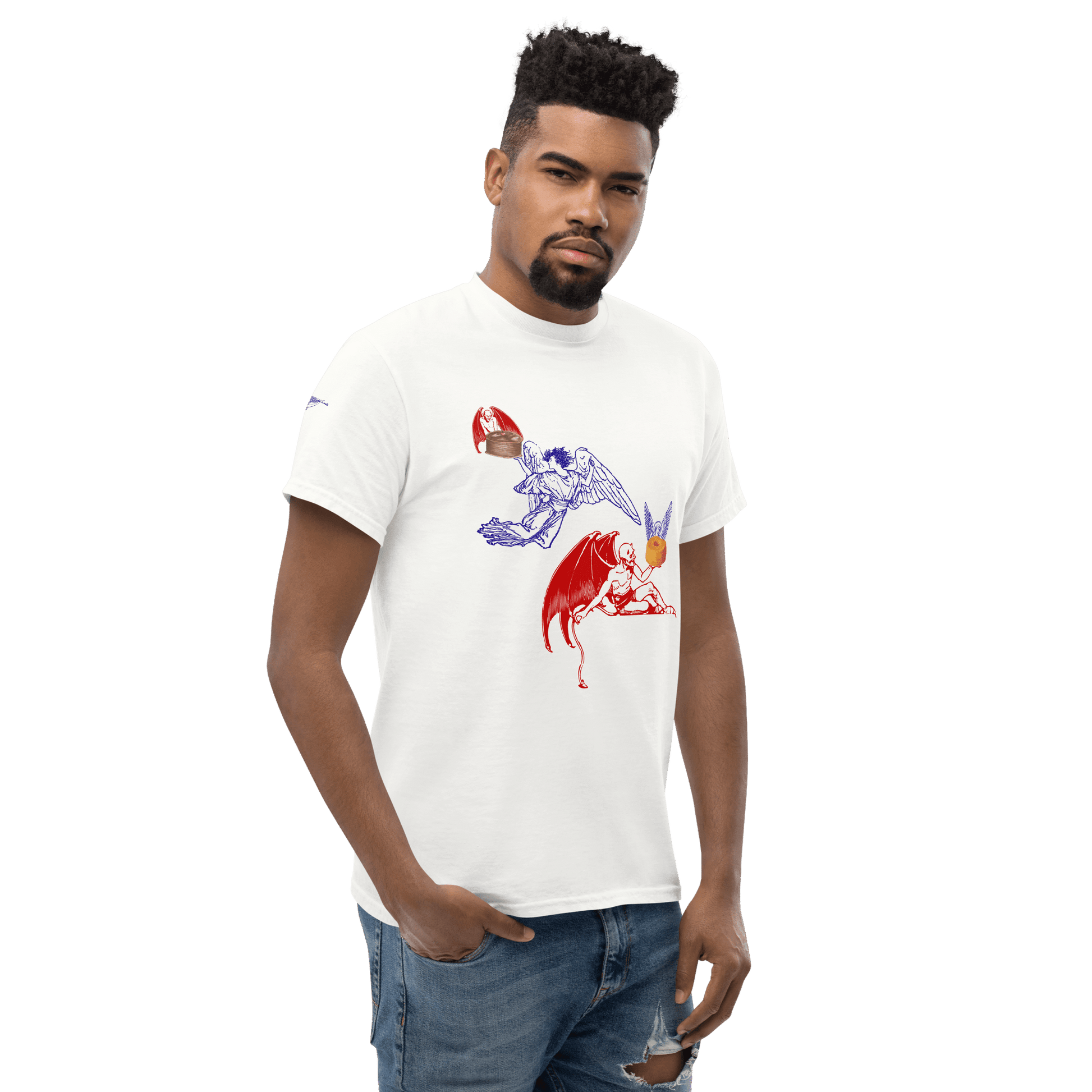 Heaven and Devil Food Cake T-Shirt by Appetite Apparel featuring a playful food-themed graphic on a casual cotton tee.