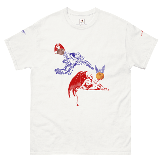 Heaven and Devil Food Cake T-Shirt by Appetite Apparel featuring a colorful cake graphic on a casual cotton T-shirt.