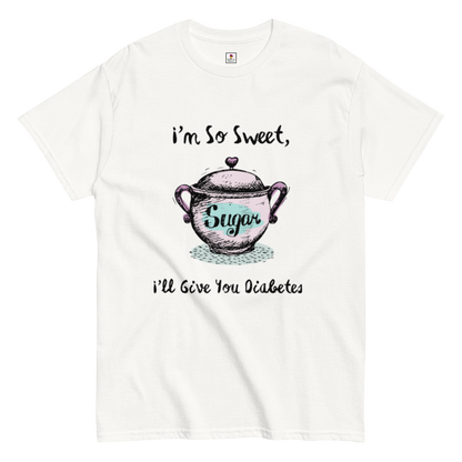 Sand-colored Appetite Apparel T-Shirt with humorous "I'm So Sweet, I'll Give You Diabetes" graphic print.