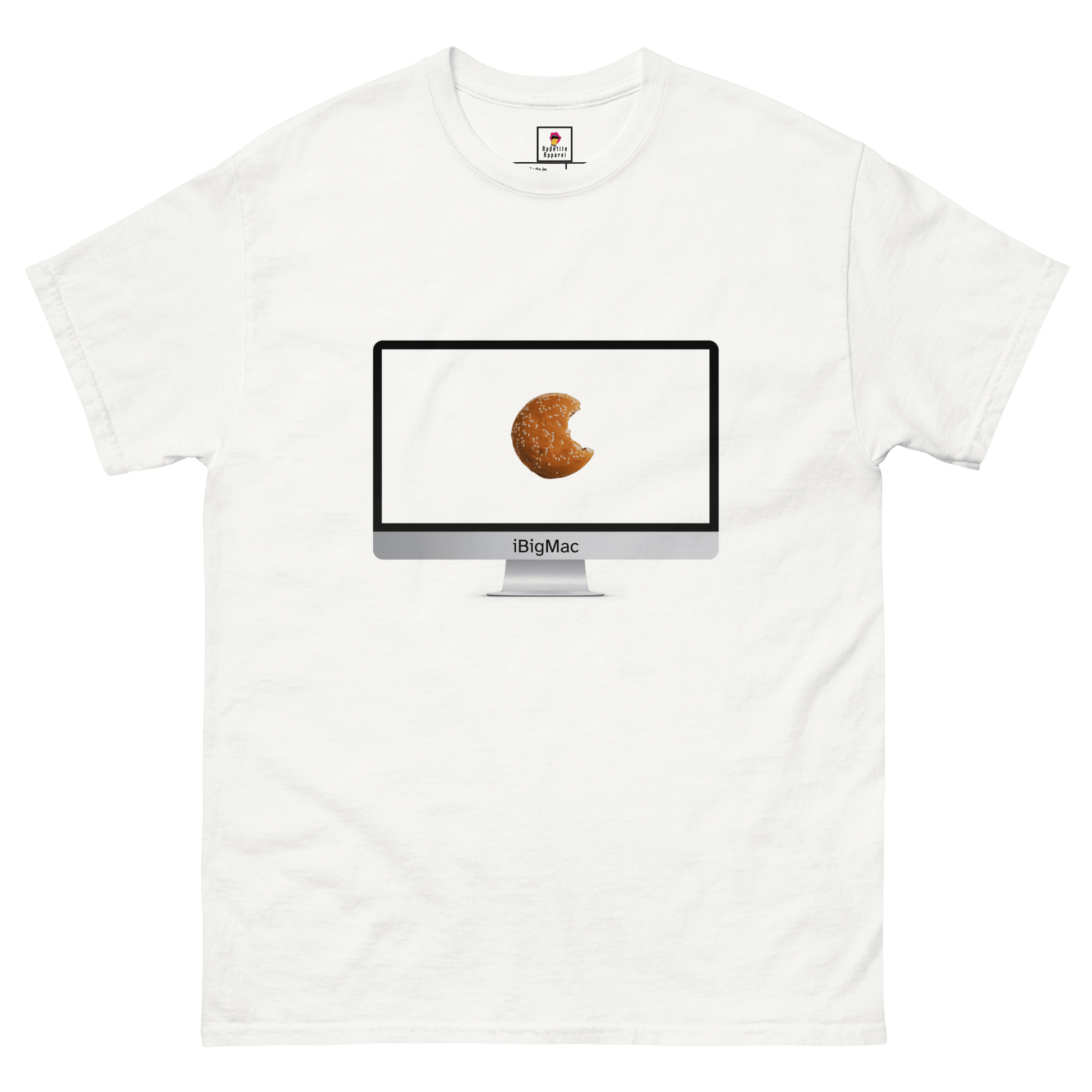 Sand-colored iBigMac T-Shirt by Appetite Apparel featuring a playful graphic of an iMac and Big Mac combo on the front.