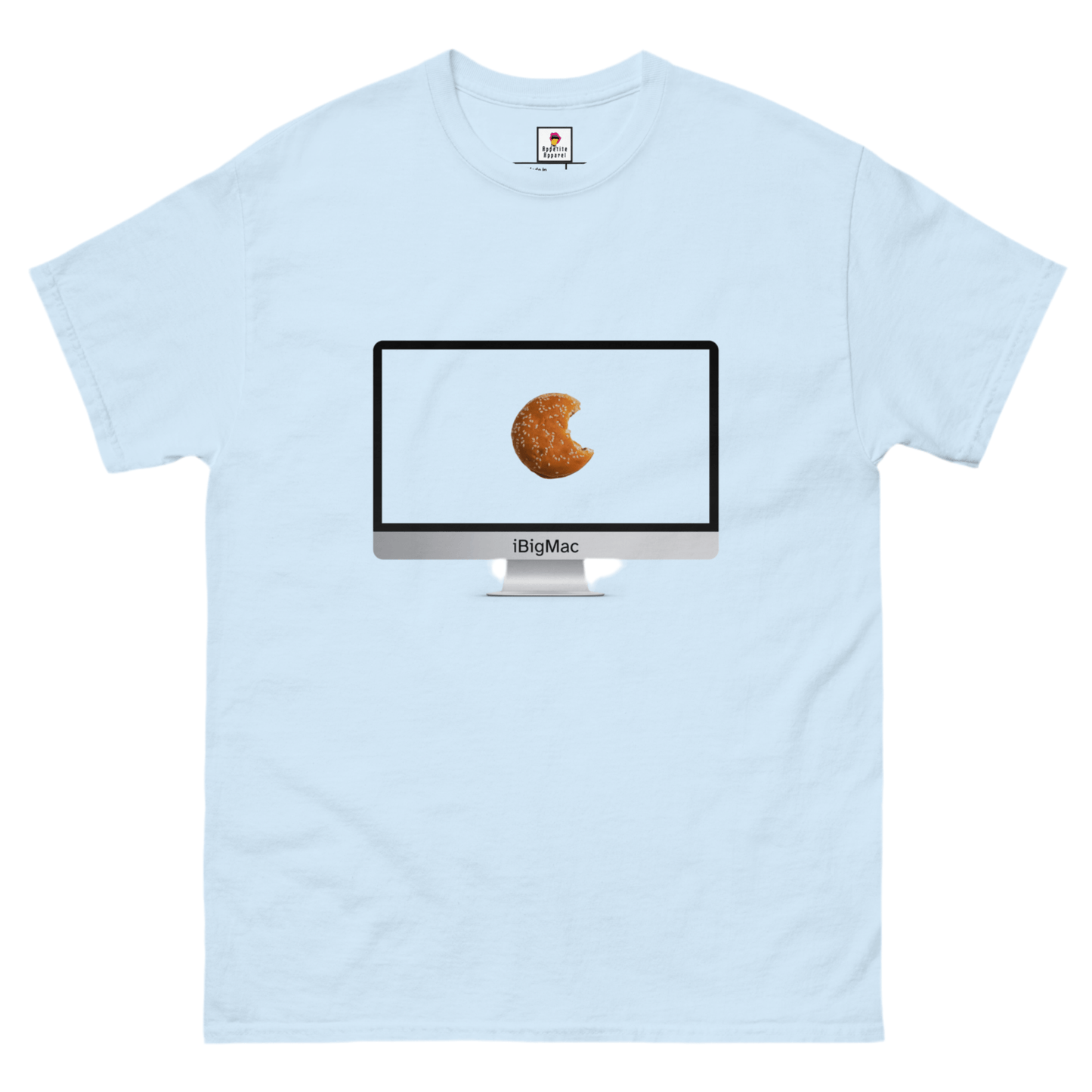 Sand-colored iBigMac T-Shirt from Appetite Apparel featuring a graphic of an iMac and Big Mac combo print.