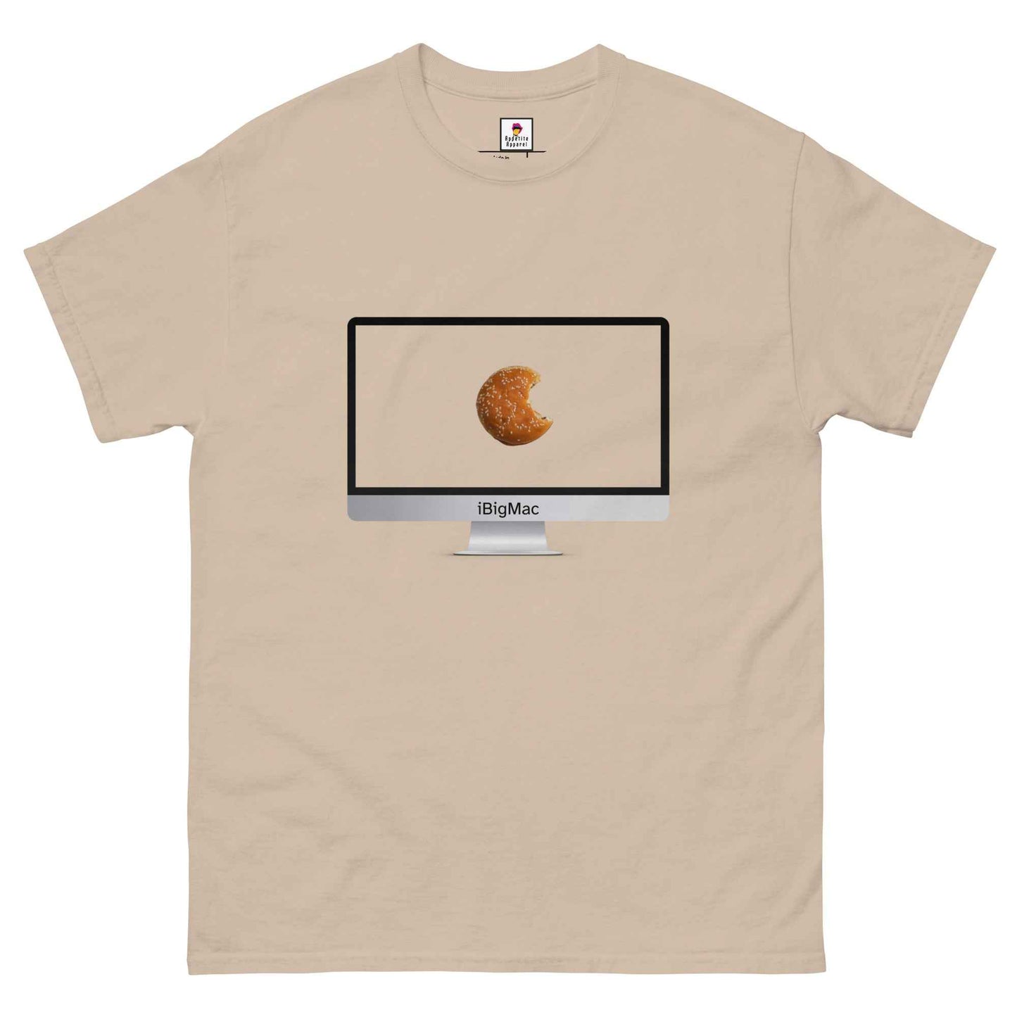 Sand-colored iBigMac T-Shirt by Appetite Apparel featuring a fun combo of iMac and Big Mac graphics on the front.