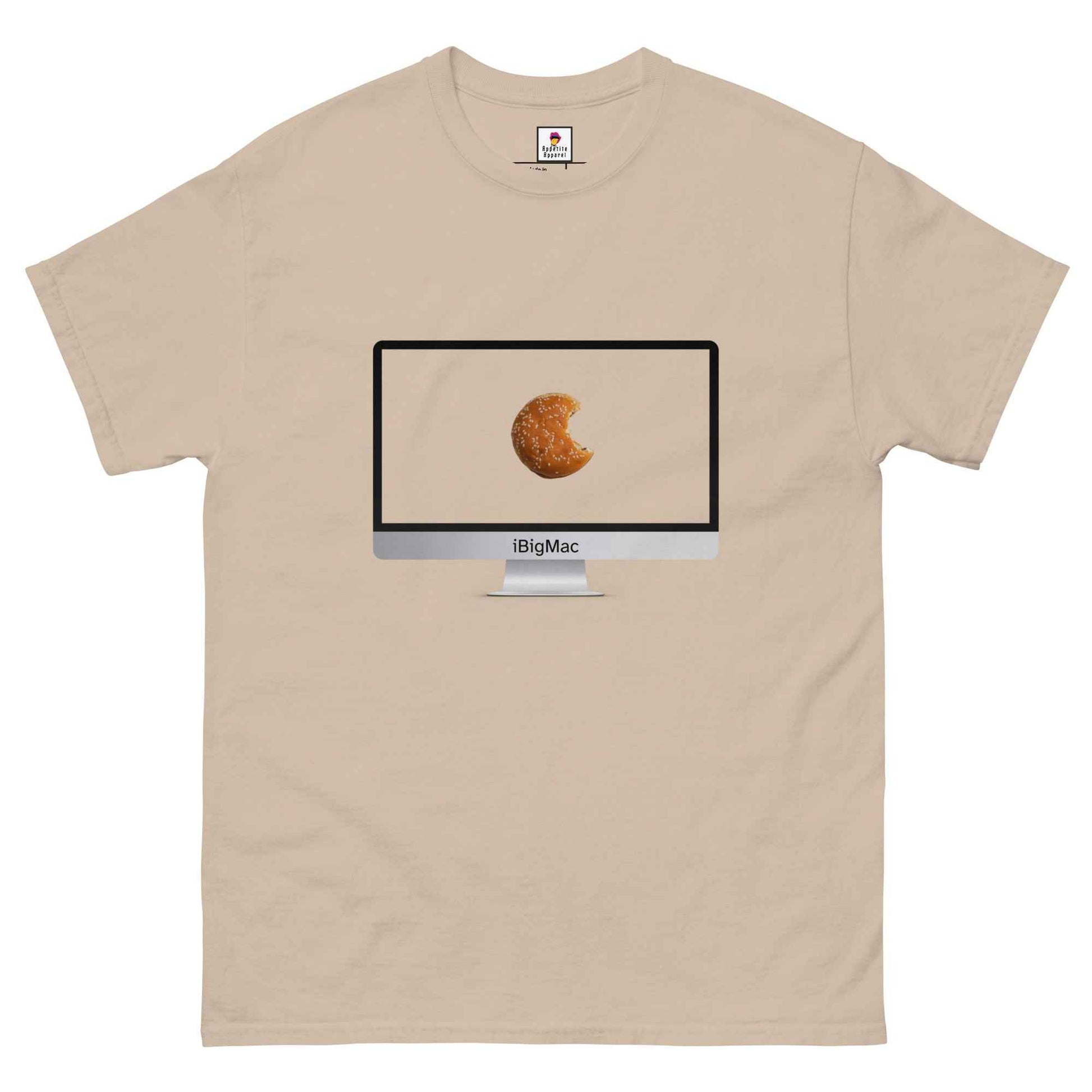 Sand-colored iBigMac T-Shirt by Appetite Apparel featuring a fun combo of iMac and Big Mac graphics on the front.
