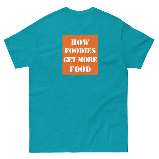 Tropical blue T-shirt by Appetite Apparel featuring a parody logo inspired by The Home Depot for The Home Cook design.