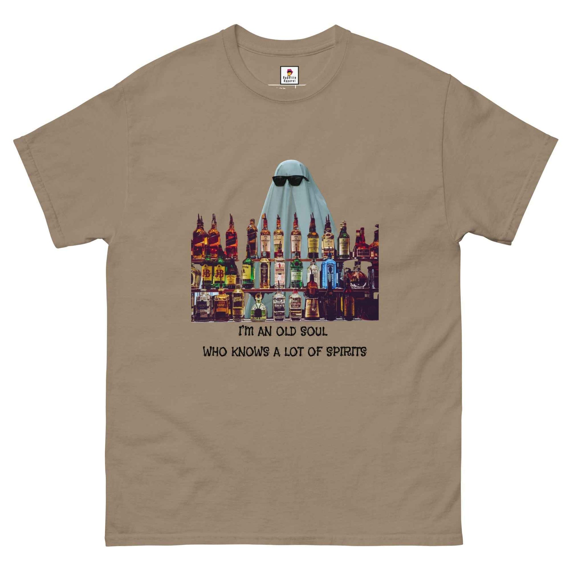 Old Soul Spirits T-Shirt by Appetite Apparel featuring a cheeky alcohol and food-themed graphic on a casual T-shirt.
