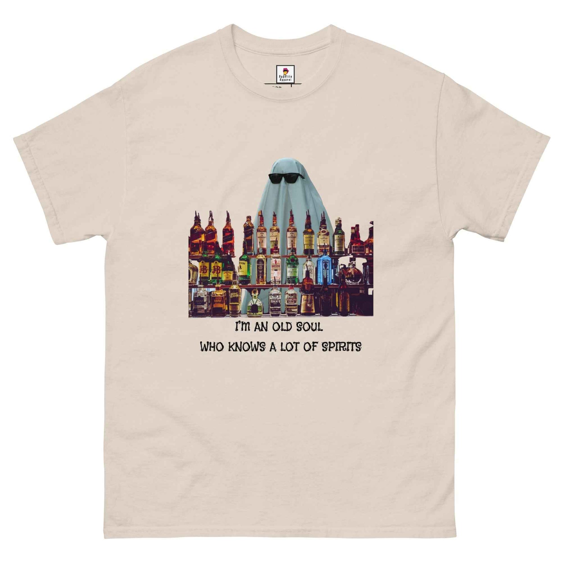 Old Soul Spirits T-Shirt by Appetite Apparel featuring a playful alcohol and food-themed design on a casual cotton tee.