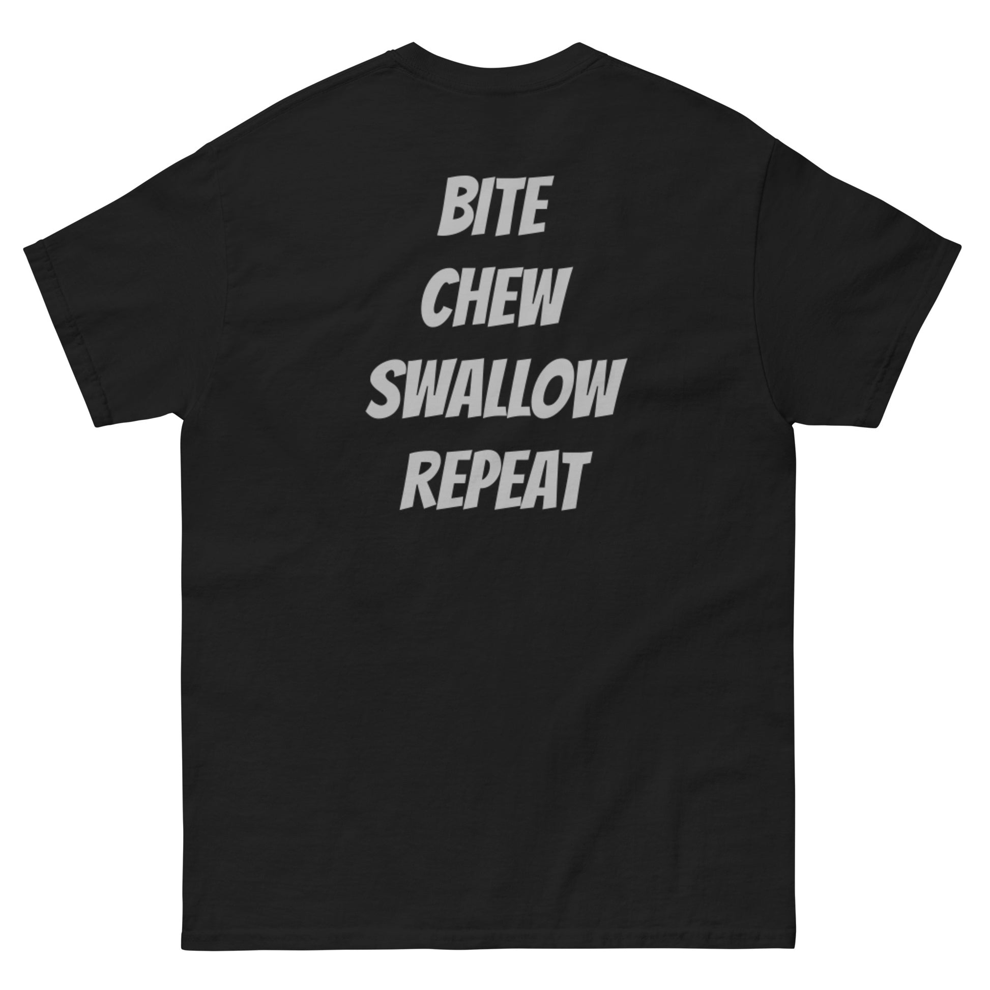 Unisex black T-shirt with "Just Eat It" parody Nike logo, Appetite Apparel, classic fit, rear view.