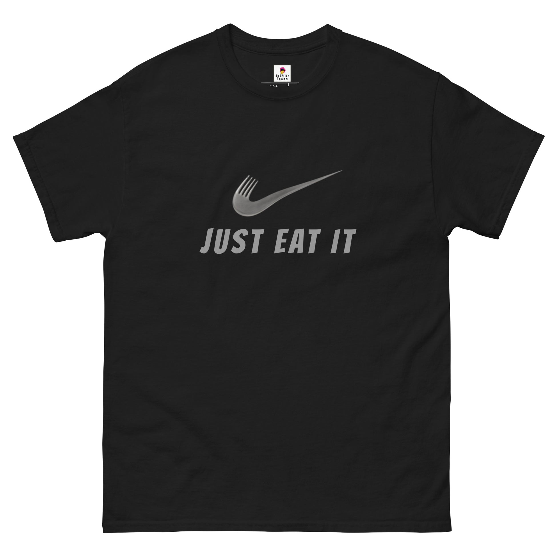 Black unisex T-shirt featuring a parody Nike logo and "Just Eat It" slogan, by Appetite Apparel.