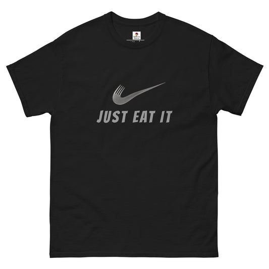 Black unisex T-shirt featuring a parody Nike logo and "Just Eat It" slogan, by Appetite Apparel.