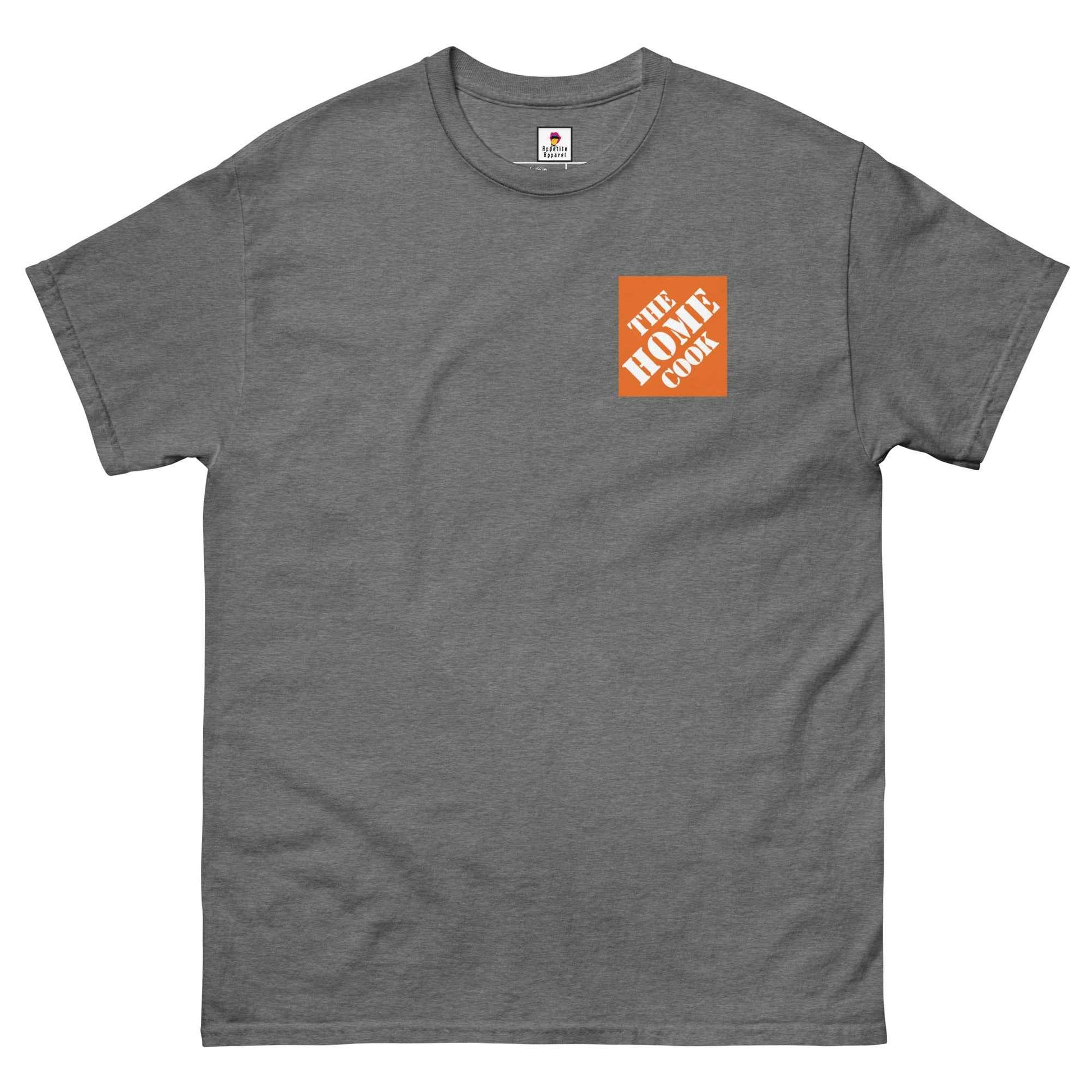 Unisex graphite heather T-Shirt featuring a parody of The Home Depot logo with a playful "The Home Cook" slogan by Appetite Apparel.