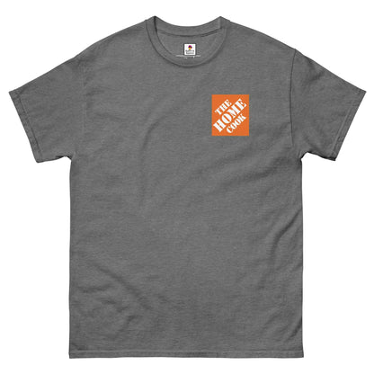 Unisex graphite heather T-Shirt featuring a parody of The Home Depot logo with a playful "The Home Cook" slogan by Appetite Apparel.