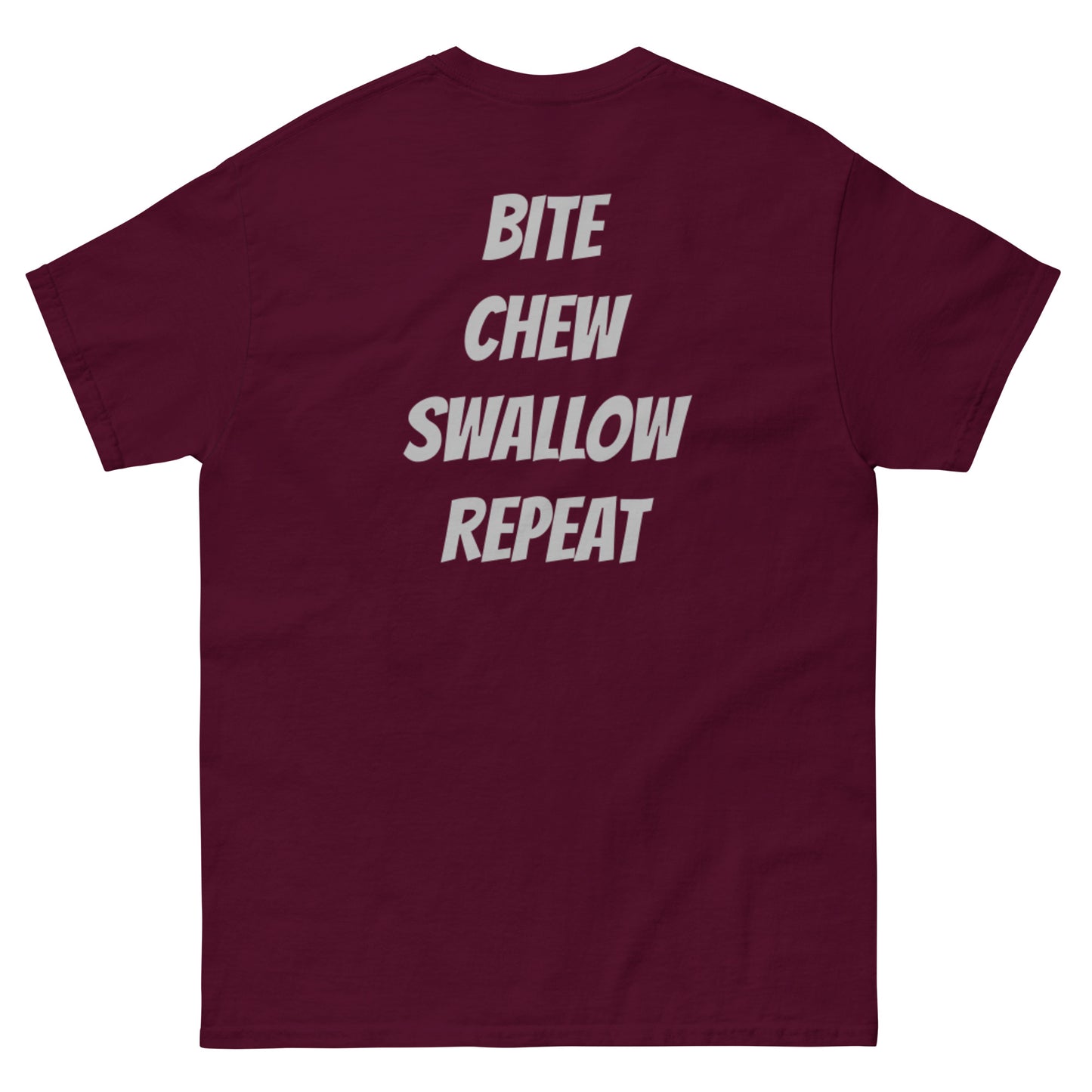Maroon unisex T-shirt featuring a parody Nike logo with "Just Eat It" slogan by Appetite Apparel, back view.