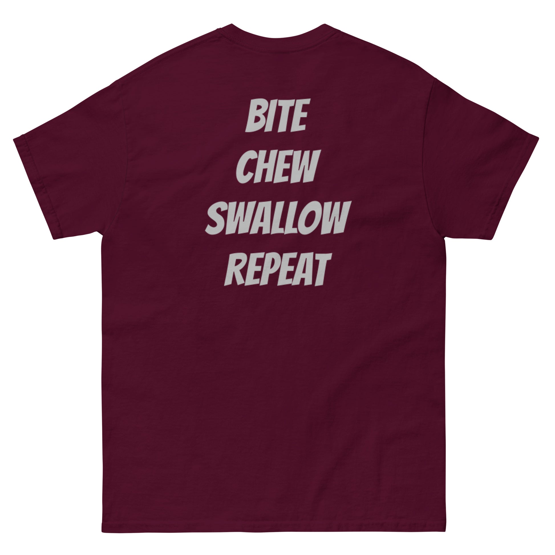 Maroon unisex T-shirt featuring a parody Nike logo with "Just Eat It" slogan by Appetite Apparel, back view.