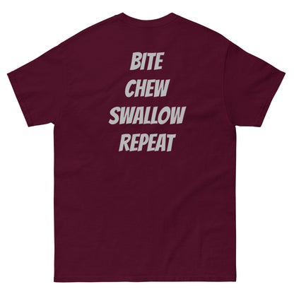 Maroon unisex T-shirt featuring a parody Nike logo with "Just Eat It" slogan by Appetite Apparel, back view.