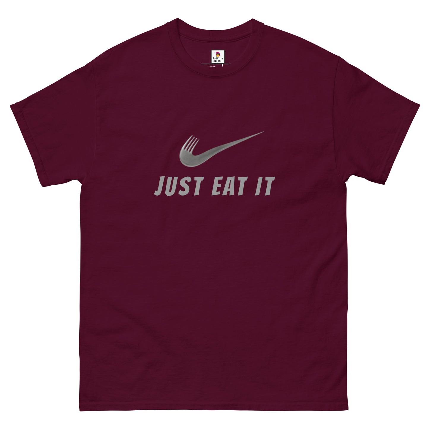 Maroon Nike parody "Just Eat It" unisex classic T-shirt by Appetite Apparel, front view showing bold graphic design.