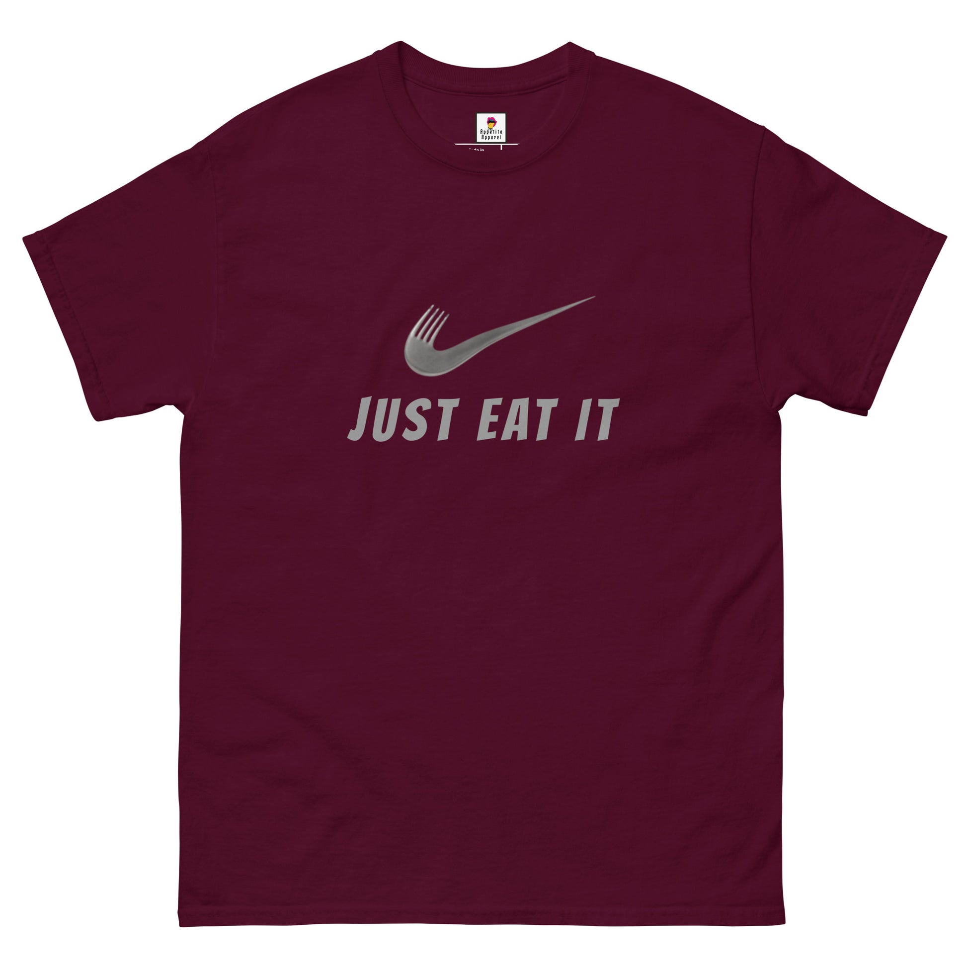 Maroon Nike parody "Just Eat It" unisex classic T-shirt by Appetite Apparel, front view showing bold graphic design.
