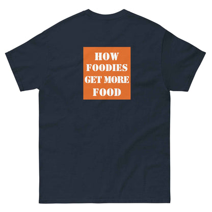 Navy unisex classic T-shirt by Appetite Apparel featuring a parody of The Home Depot logo with a playful culinary design.