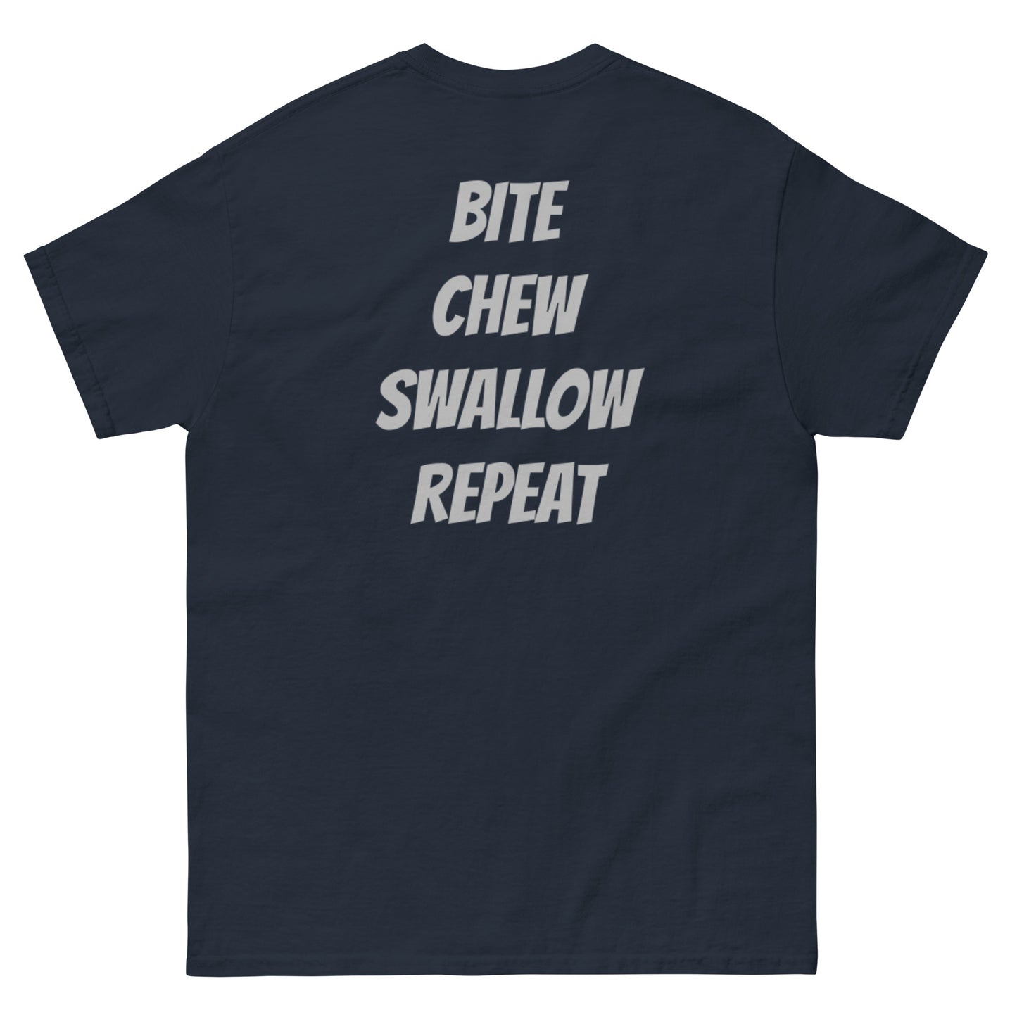 Unisex navy T-shirt featuring a parody Nike logo with "Just Eat It" slogan by Appetite Apparel.