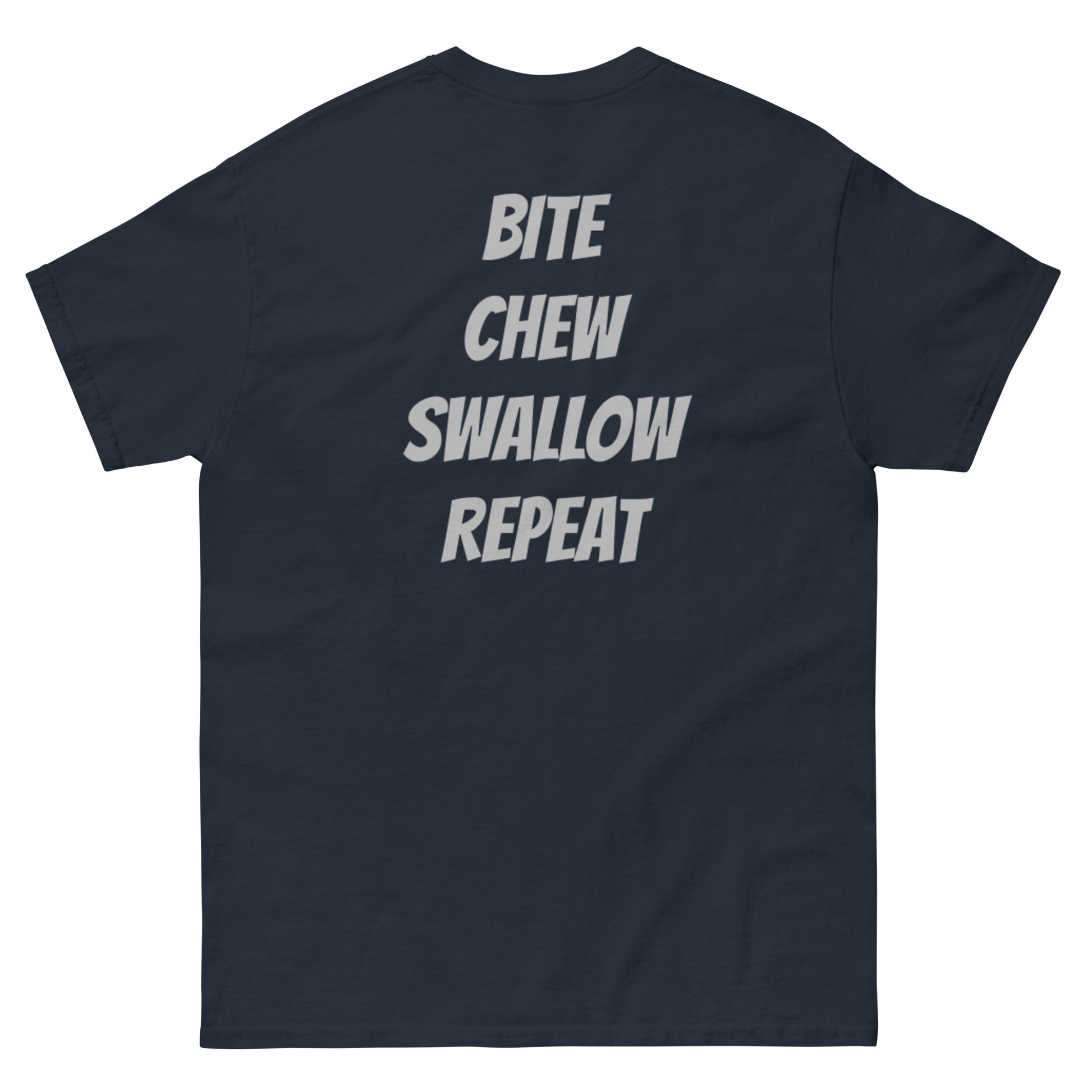 Unisex navy T-shirt featuring a parody Nike logo with "Just Eat It" slogan by Appetite Apparel.