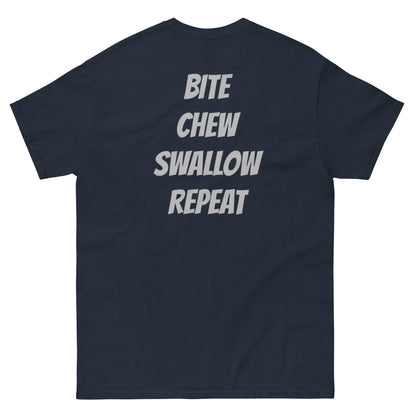 Unisex navy T-shirt featuring a parody Nike logo with "Just Eat It" slogan by Appetite Apparel.