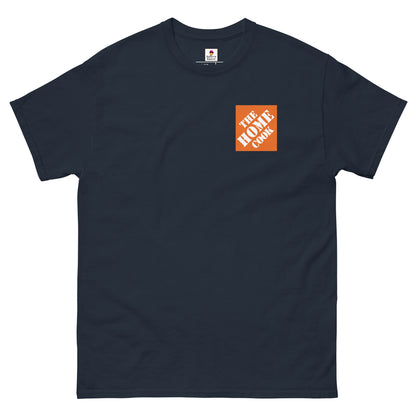 Navy unisex T-shirt from Appetite Apparel featuring a playful parody of The Home Depot logo for The Home Cook design.