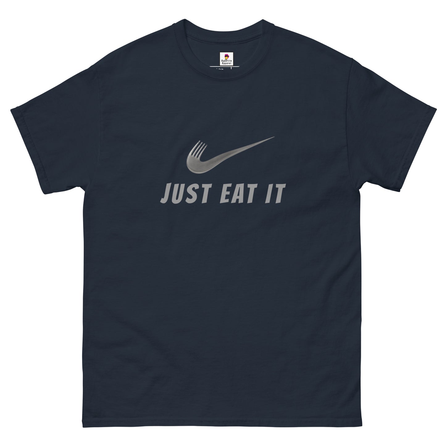 Unisex navy T-shirt featuring a parody Nike logo and "Just Eat It" slogan, designed by Appetite Apparel.