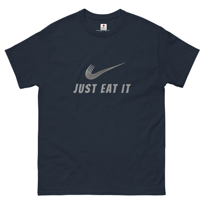 Unisex navy T-shirt featuring a parody Nike logo and "Just Eat It" slogan, designed by Appetite Apparel.