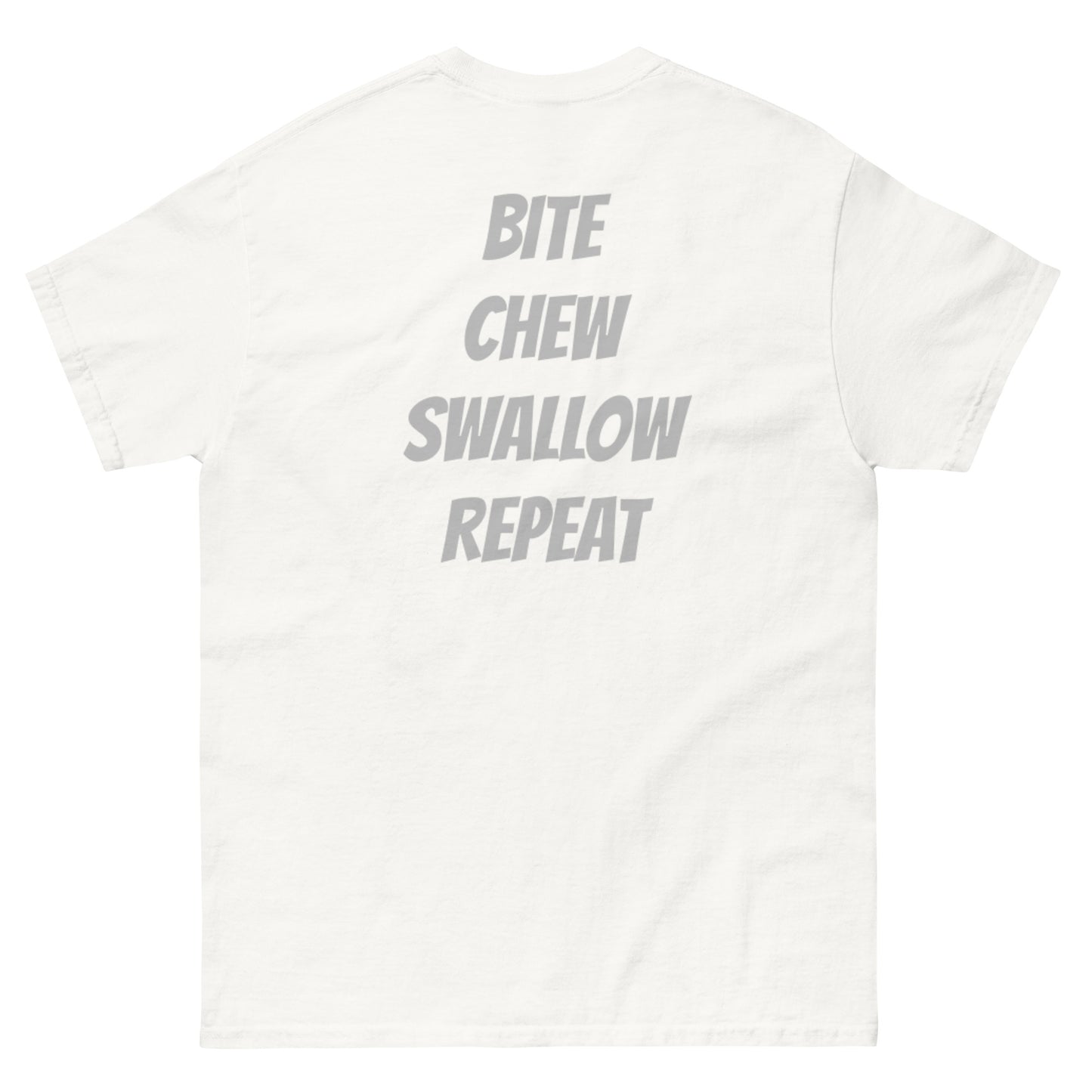 White unisex Just Eat It T-Shirt by Appetite Apparel featuring a Nike parody logo on the front.