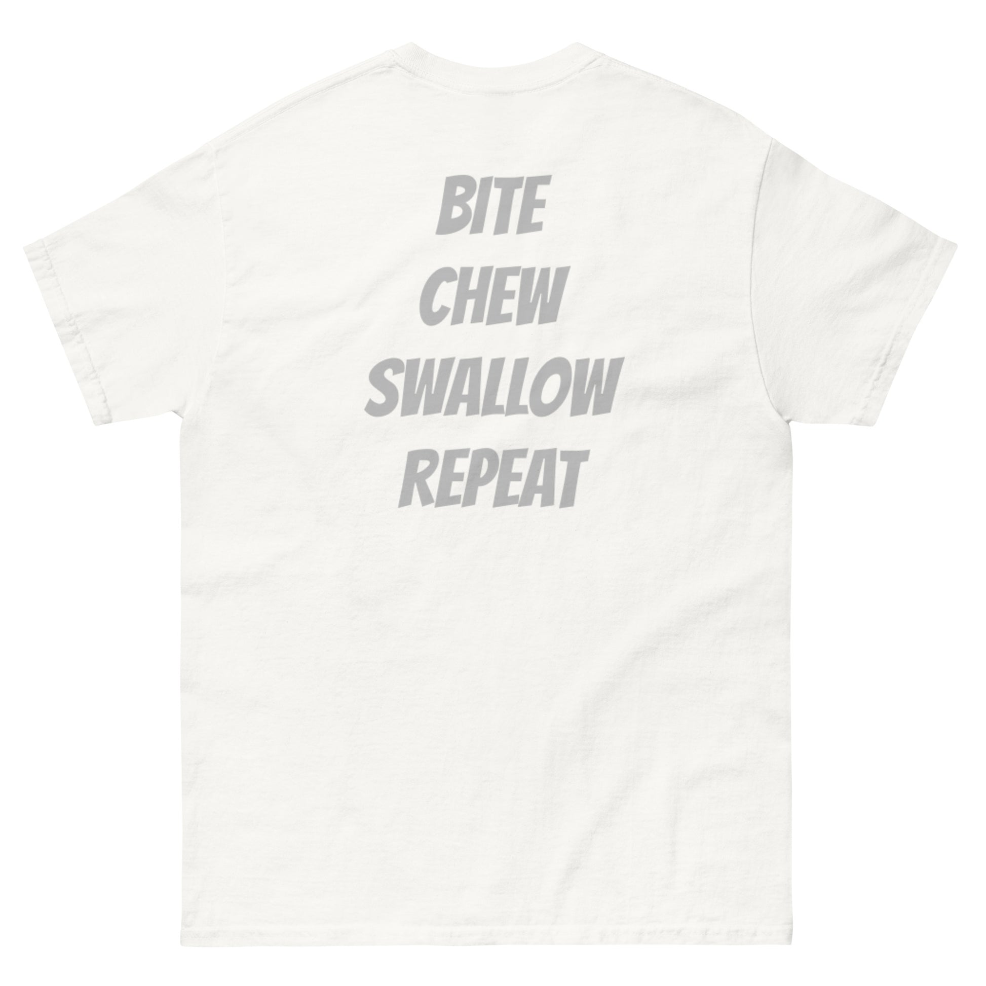 White unisex Just Eat It T-Shirt by Appetite Apparel featuring a Nike parody logo on the front.