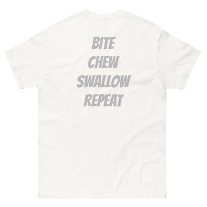 White unisex Just Eat It T-Shirt by Appetite Apparel featuring a Nike parody logo on the front.