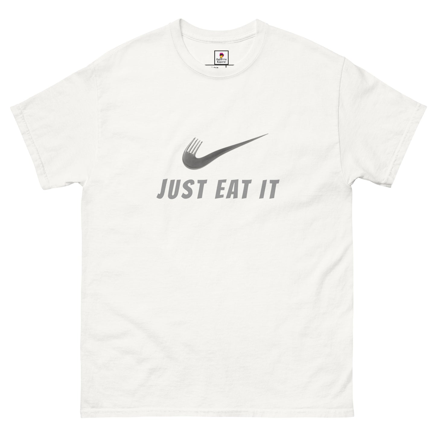 White unisex Just Eat It T-Shirt by Appetite Apparel featuring a Nike parody logo on the front.