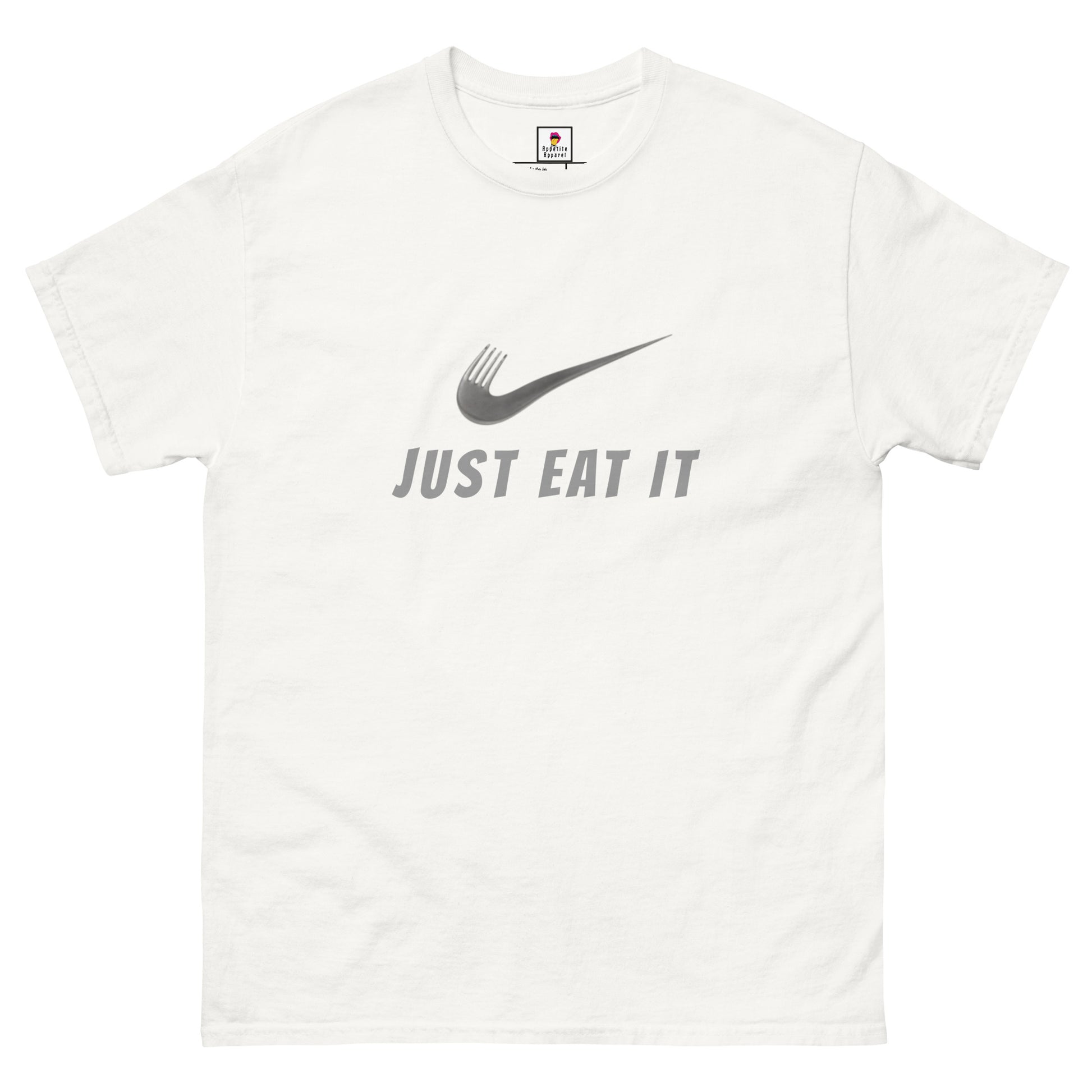 White unisex Just Eat It T-Shirt by Appetite Apparel featuring a Nike parody logo on the front.