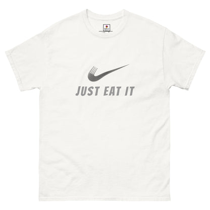 White unisex Just Eat It T-Shirt by Appetite Apparel featuring a Nike parody logo on the front.