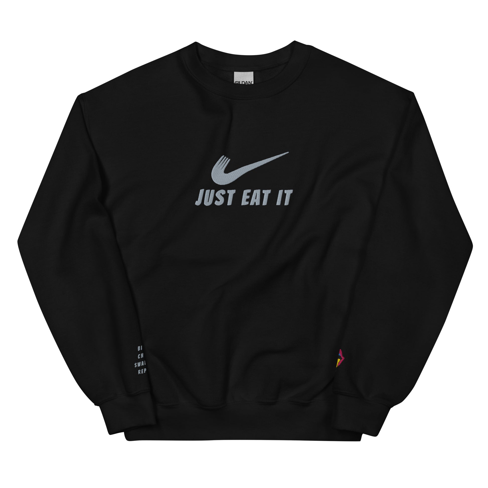Black unisex crew-neck sweatshirt featuring a Nike parody logo by Appetite Apparel, front view.