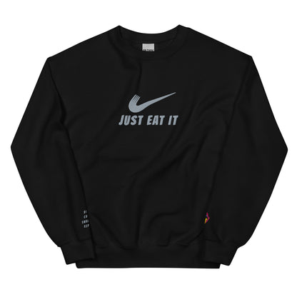 Black unisex crew-neck sweatshirt featuring a Nike parody logo by Appetite Apparel, front view.