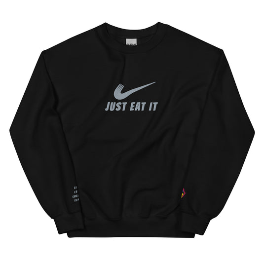 Black unisex crew-neck sweatshirt featuring a Nike parody logo by Appetite Apparel, front view.