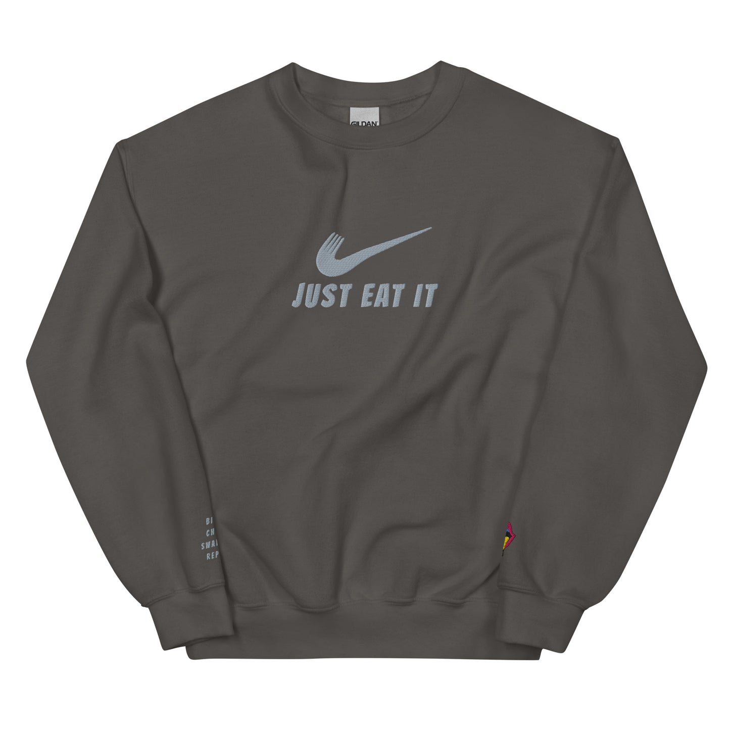 Unisex charcoal crew-neck sweatshirt with a parody Nike logo and "Just Eat It" text, by Appetite Apparel.